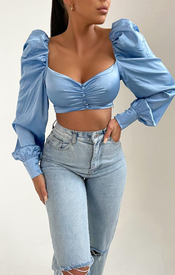 femme luxe Blue Long Puff Sleeve Button Up Crop Top - Monica