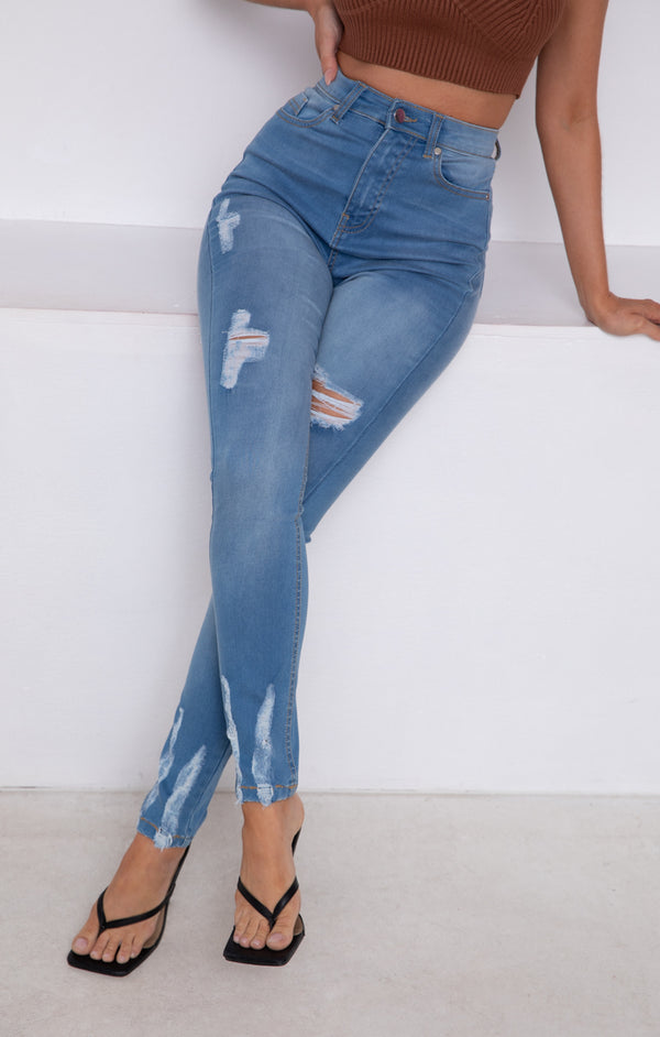 Femme Luxe Blue Mid Wash High Waisted Distressed Skinny Jeans - Bella