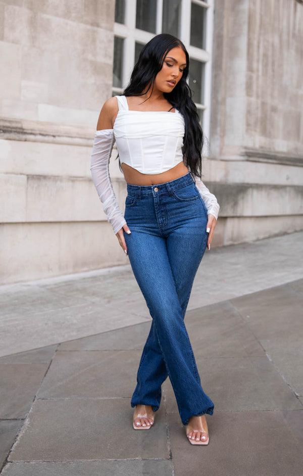 Femme Luxe Blue Mid Wash High Waisted Flare Leg Jeans- Annabelle