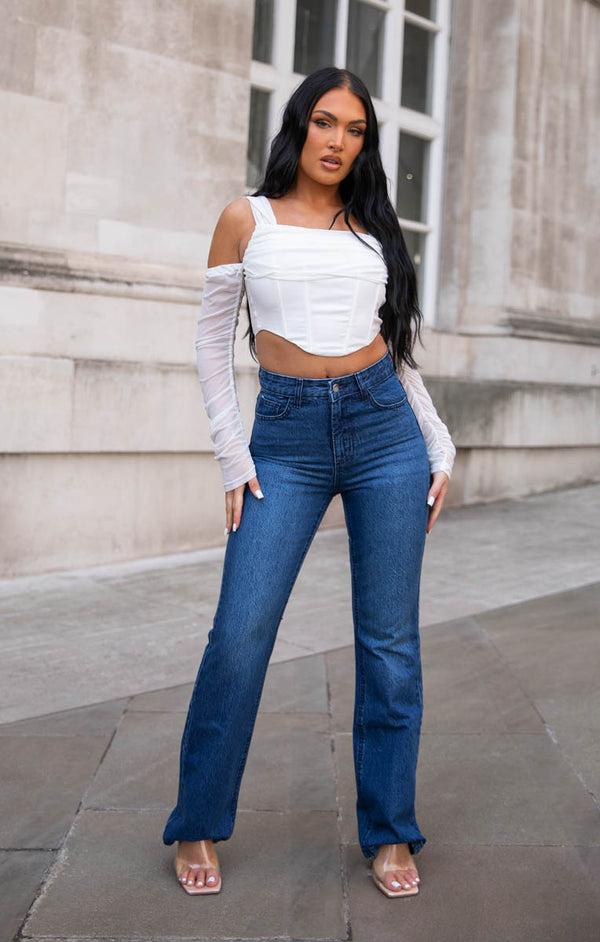 femme luxe Blue Mid Wash High Waisted Flare Leg Jeans- Annabelle