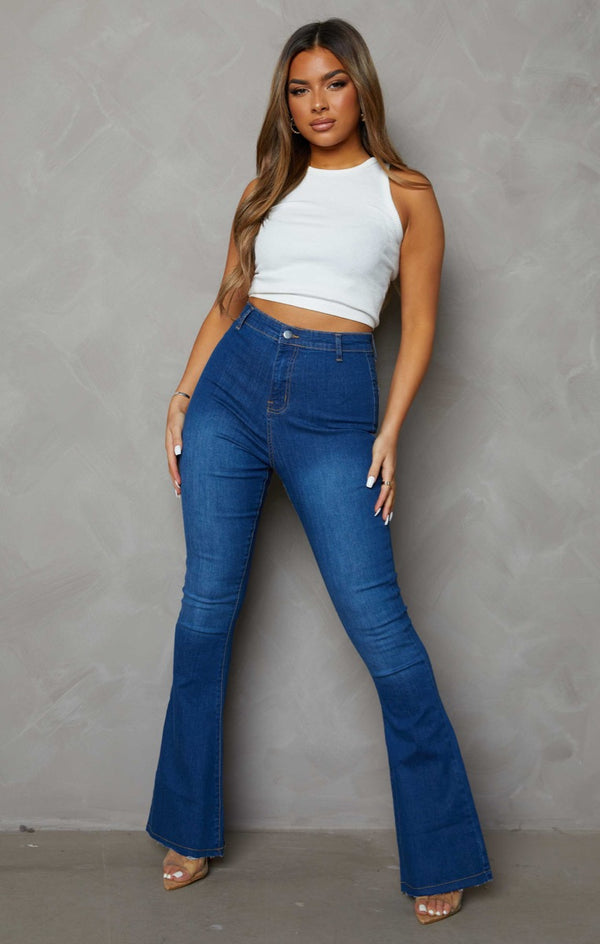Femme Luxe Blue Mid Wash High Waisted Raw Hem Flare Leg Jeans - Jade