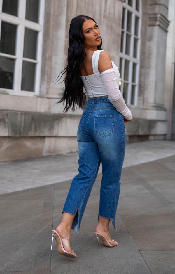 Femme Luxe Blue Mid Wash High Waisted Ripped 3/4 Distressed Hem Jeans - Karma