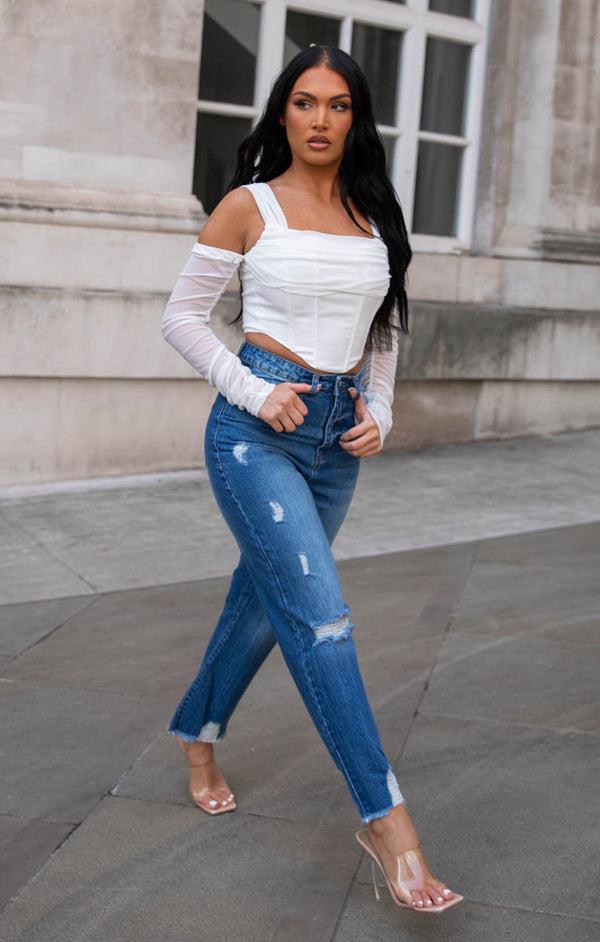 Femme Luxe Blue Mid Wash High Waisted Ripped 3/4 Distressed Hem Jeans - Karma