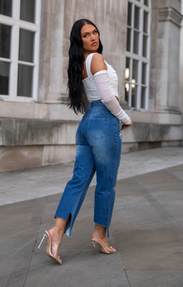 Femme Luxe Blue Mid Wash High Waisted Ripped 3/4 Distressed Hem Jeans - Karma