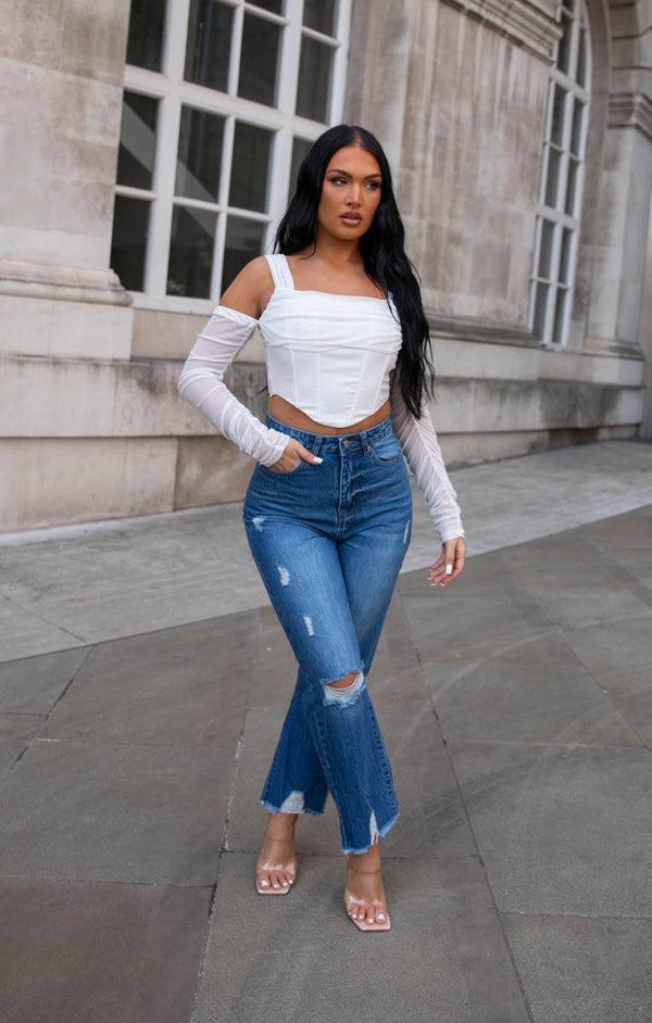 femme luxe Blue Mid Wash High Waisted Ripped 3/4 Distressed Hem Jeans - Karma