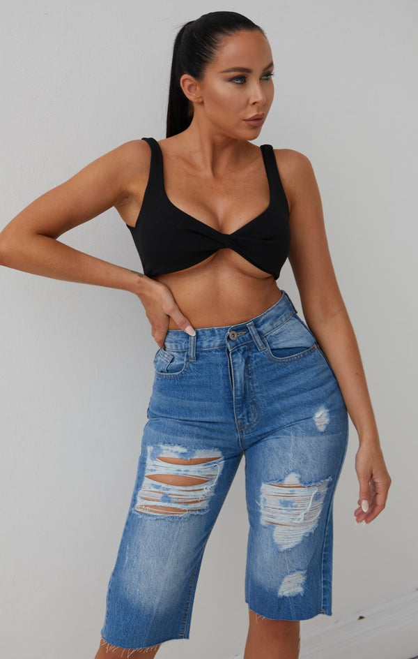 Femme Luxe Blue Mid Wash High Waisted Ripped Distressed Frayed Hem Knee Length Denim Shorts - Sylvie