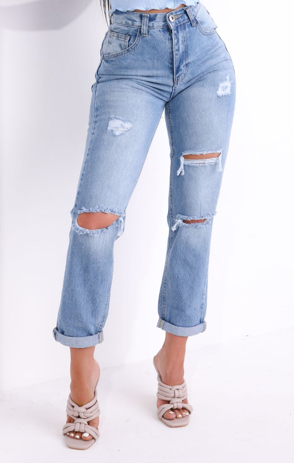 Femme Luxe Blue Mid Wash High Waisted Ripped Distressed Turn Up Mom Jeans - Janey