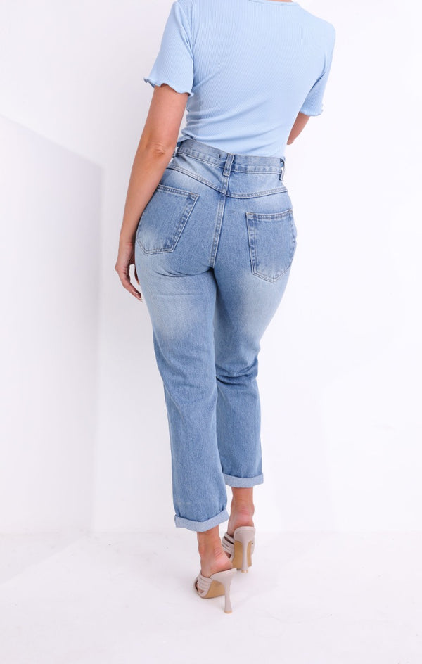 Femme Luxe Blue Mid Wash High Waisted Ripped Distressed Turn Up Mom Jeans - Janey