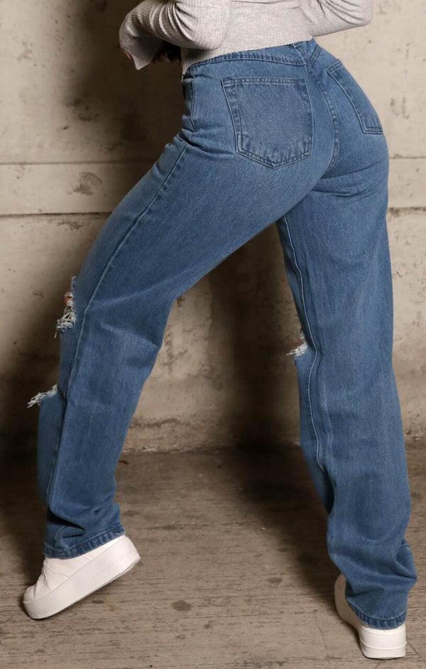 Femme Luxe Blue Mid Wash High Waisted Wide Leg Ripped Knee Distressed Denim Jeans - Klara