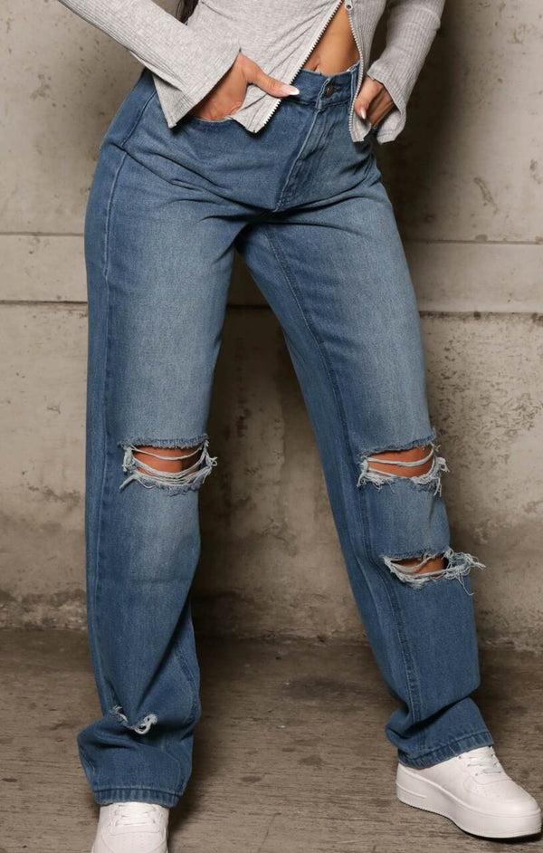 Femme Luxe Blue Mid Wash High Waisted Wide Leg Ripped Knee Distressed Denim Jeans - Klara