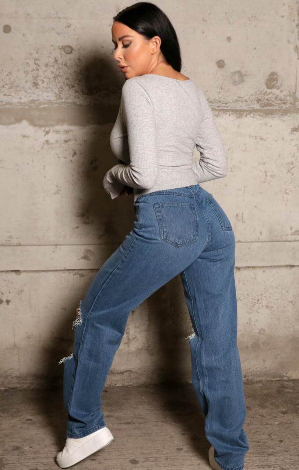 Femme Luxe Blue Mid Wash High Waisted Wide Leg Ripped Knee Distressed Denim Jeans - Klara