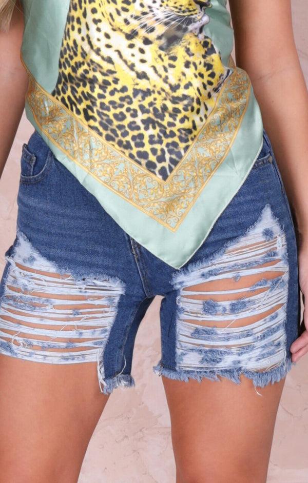Femme Luxe Blue Mid Wash Long Distressed Front Shorts - Rae