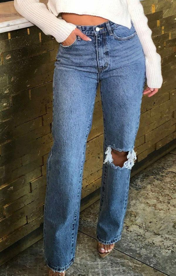 Femme Luxe Blue Mid Wash Ripped Knee High Waisted Jeans - Ennis