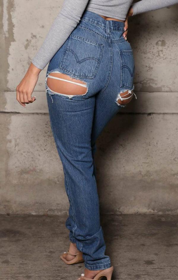 Femme Luxe Blue Mid Wash Straight Leg High Waisted Distressed Ripped Back Denim Jeans - Nora