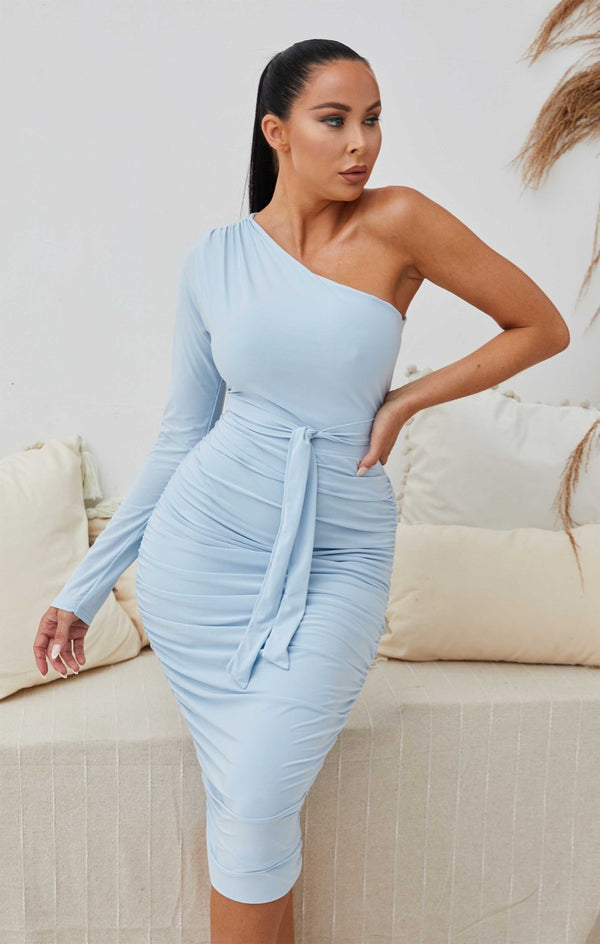 femme luxe Blue One Shoulder Ruched Slinky Midi Dress - Savannah