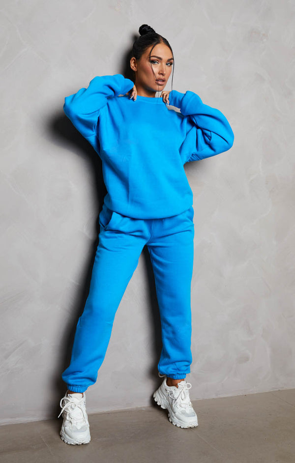 Femme Luxe Blue Oversized Long Sleeve Crew Neck Raw Hem Crop Sweatshirt Cuffed Joggers Loungewear Set - Averi