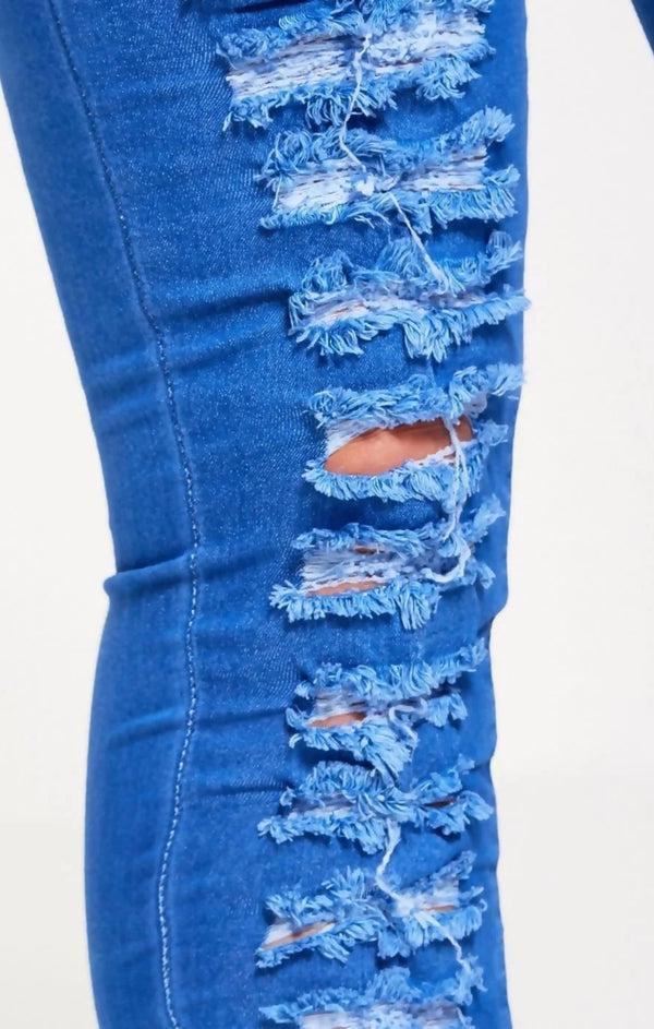 Femme Luxe Blue Ripped Extreme Distressed High Waisted Disco Skinny Jeans - Nayelith