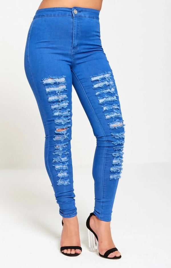 Femme Luxe Blue Ripped Extreme Distressed High Waisted Disco Skinny Jeans - Nayelith