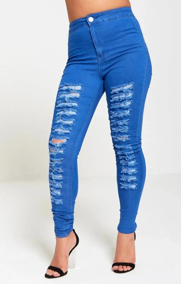 femme luxe Blue Ripped Extreme Distressed High Waisted Disco Skinny Jeans - Nayelith