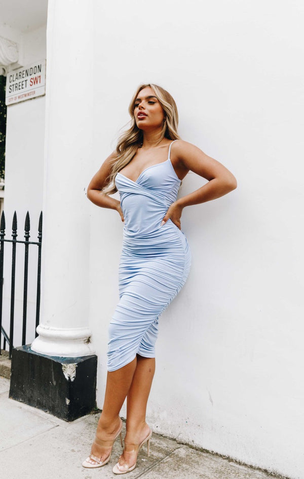 Femme Luxe Blue Slinky Ruched Wrap Strappy Bodycon Midi Dress - Pia