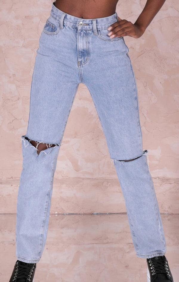 Femme Luxe Blue Stone Wash High Waist Slit Knee Jeans – Lily