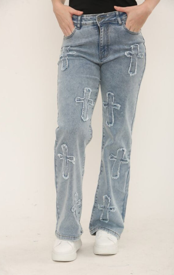 Femme Luxe Blue Straight Wide Leg Distressed Cross Patch Denim Jeans - Delissia