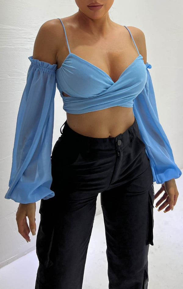Femme Luxe Blue Strappy Cold Shoulder Puff Sleeve Crop Top - Alessia