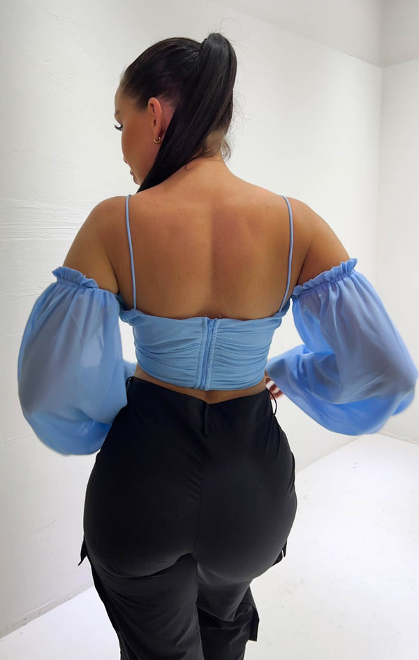 Femme Luxe Blue Strappy Cold Shoulder Puff Sleeve Crop Top - Alessia