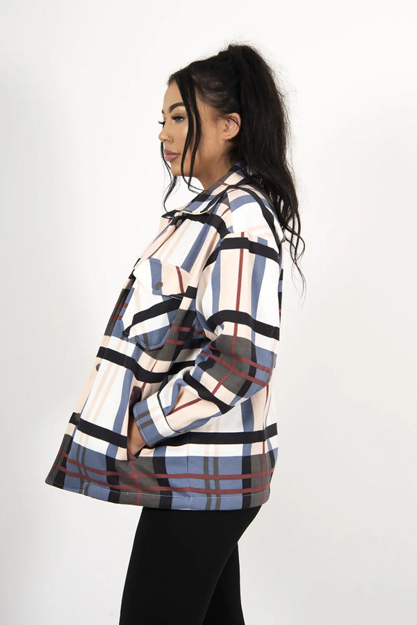 Femme Luxe Blush Check Print Oversized Button Up Pocket Shacket - Bella