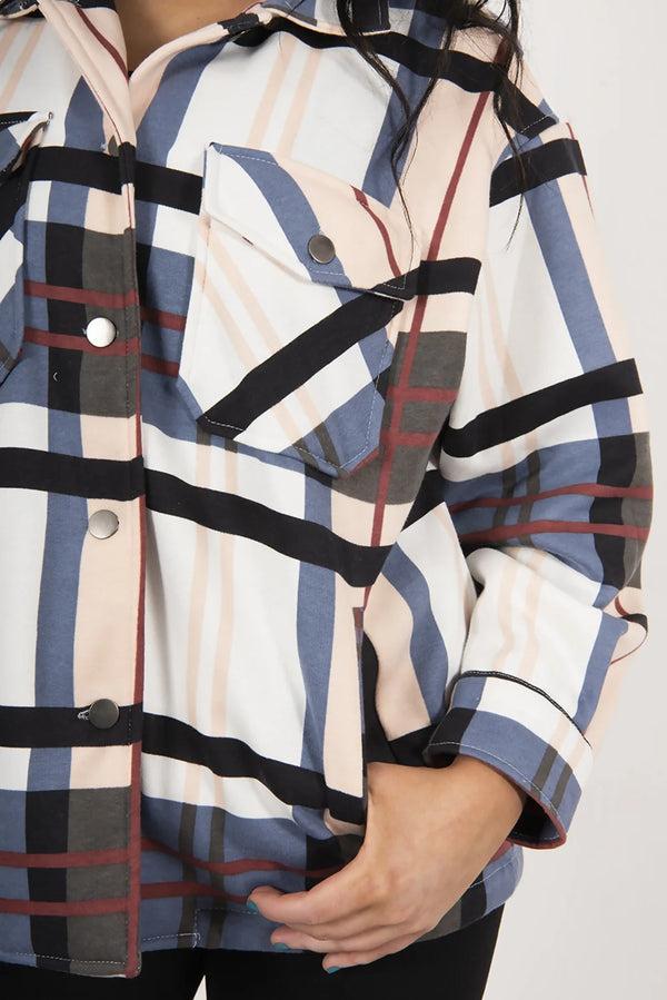 Femme Luxe Blush Check Print Oversized Button Up Pocket Shacket - Bella
