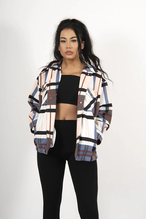 femme luxe Blush Check Print Oversized Button Up Pocket Shacket - Bella