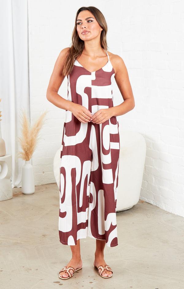 Femme Luxe Brown And White Strappy Backless Geometric Print Wide Leg Jumpsuit - Renata