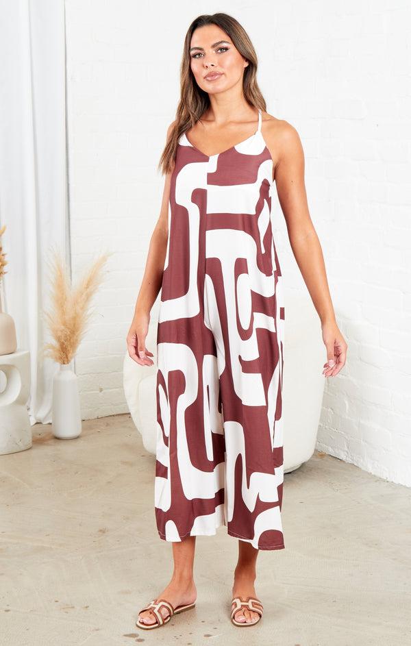Femme Luxe Brown And White Strappy Backless Geometric Print Wide Leg Jumpsuit - Renata