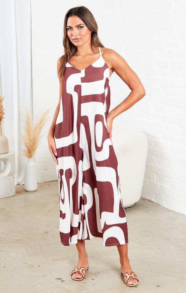 femme luxe Brown And White Strappy Backless Geometric Print Wide Leg Jumpsuit - Renata