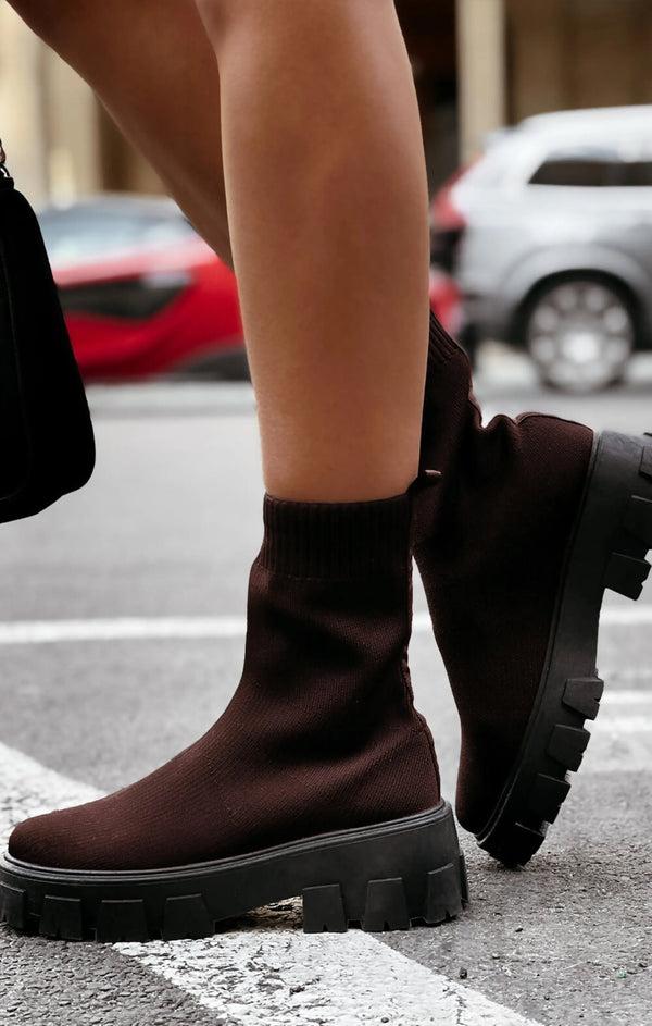 Femme Luxe Brown Cleated Pull On Knit Chunky Sole Sock Ankle Boots - Melissa