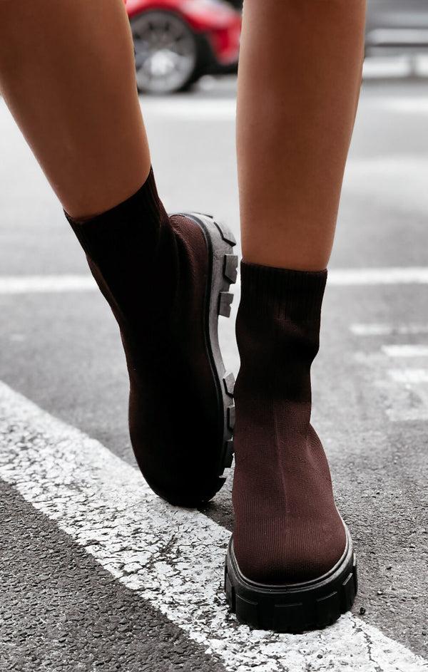 femme luxe Brown Cleated Pull On Knit Chunky Sole Sock Ankle Boots - Melissa