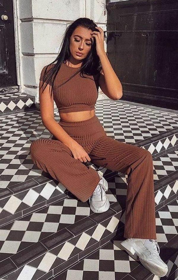 Femme Luxe Brown Crop Ribbed Two Piece Co-ord Set - Suzi