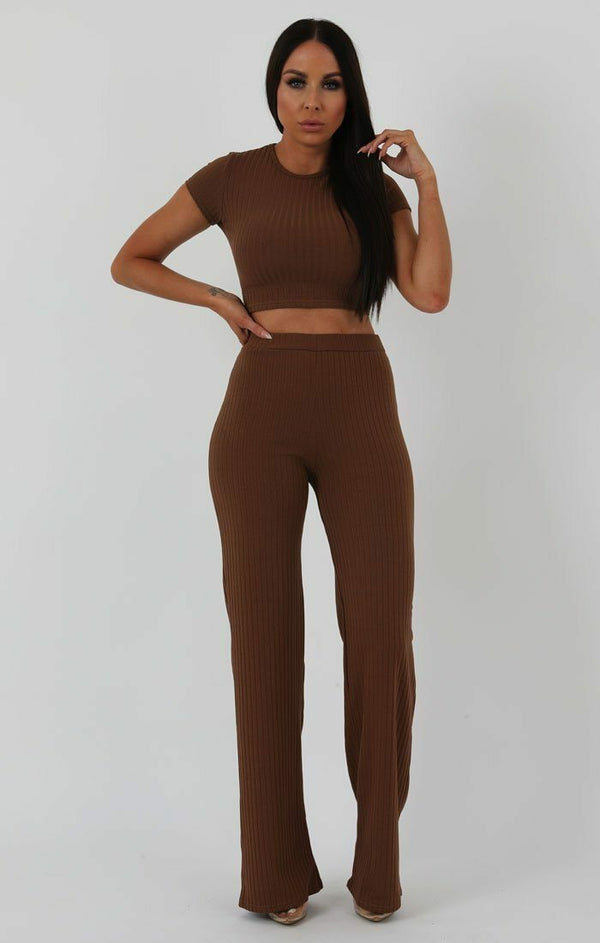 Femme Luxe Brown Crop Ribbed Two Piece Co-ord Set - Suzi