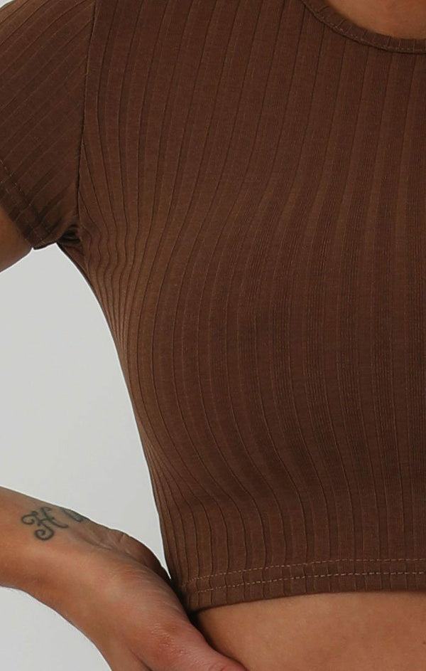 Femme Luxe Brown Crop Ribbed Two Piece Co-ord Set - Suzi