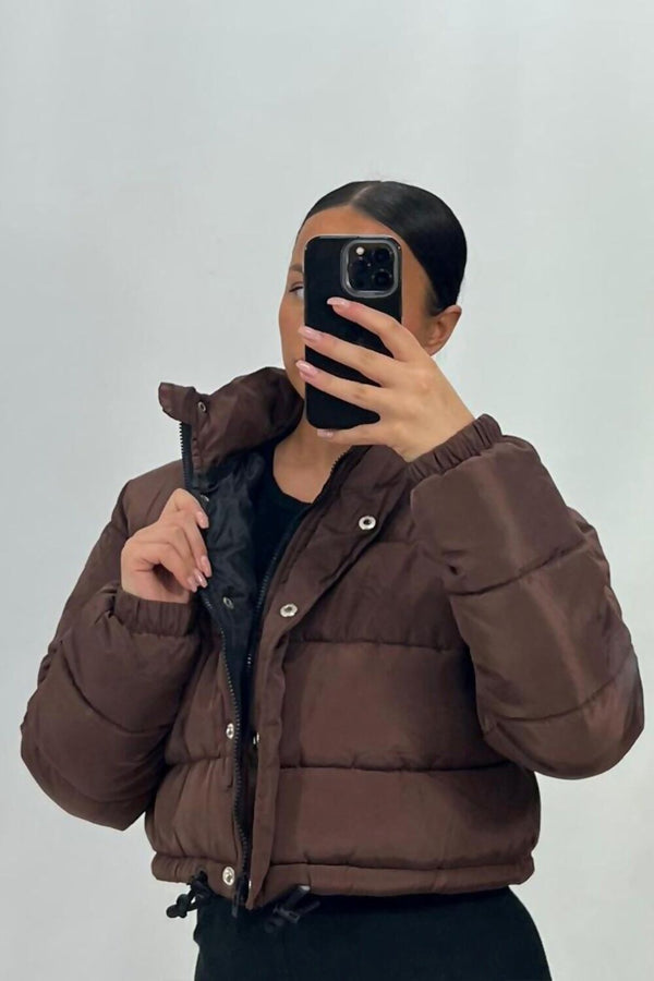 femme luxe Brown High Neck Padded Cropped Puffer Jacket - Khlo