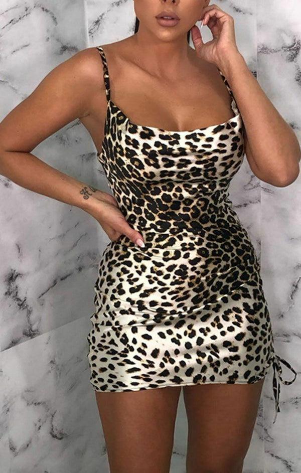Femme Luxe Brown Leopard Print Satin Ruched Side Slip Mini Dress - Maeve