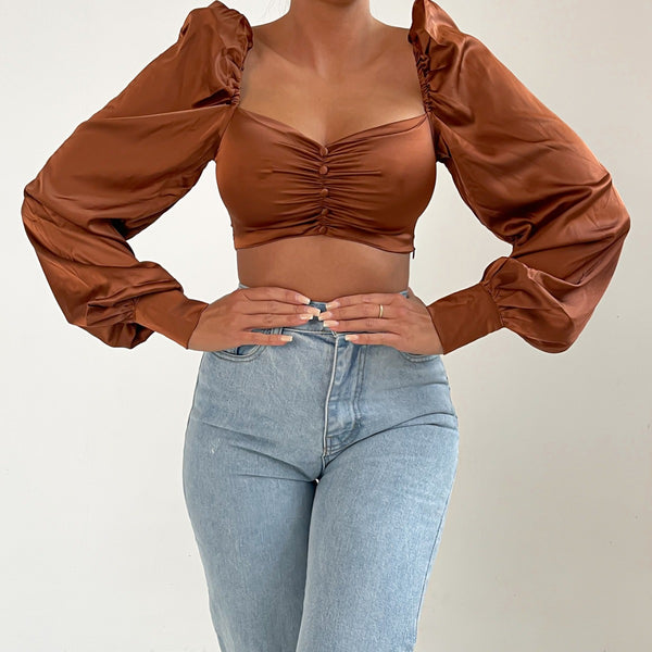 Femme Luxe Brown Long Puff Sleeve Button Up Crop Top - Monica