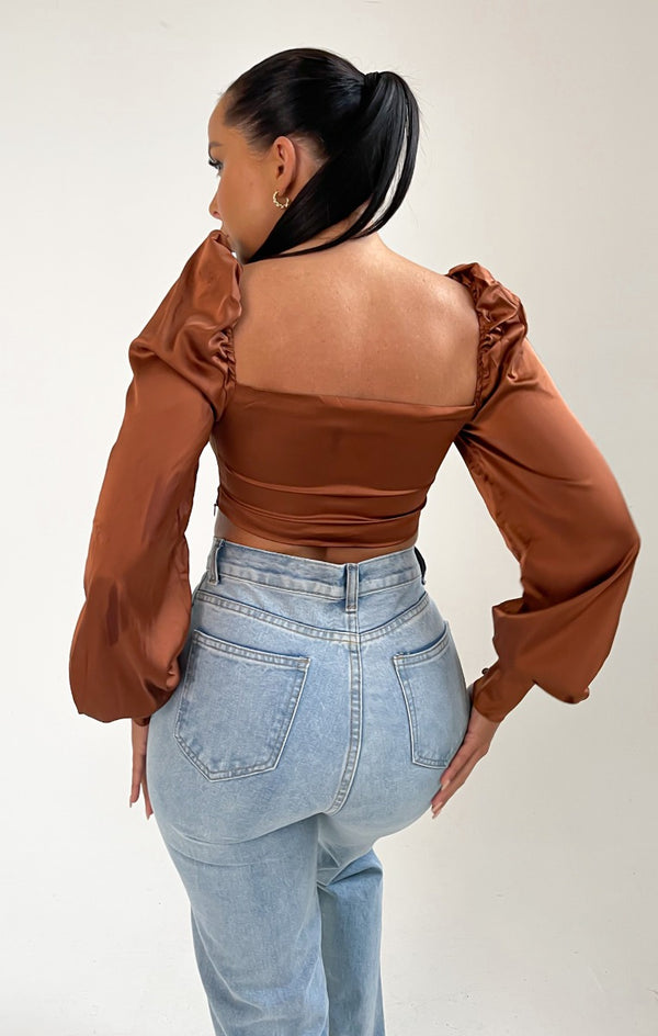 Femme Luxe Brown Long Puff Sleeve Button Up Crop Top - Monica