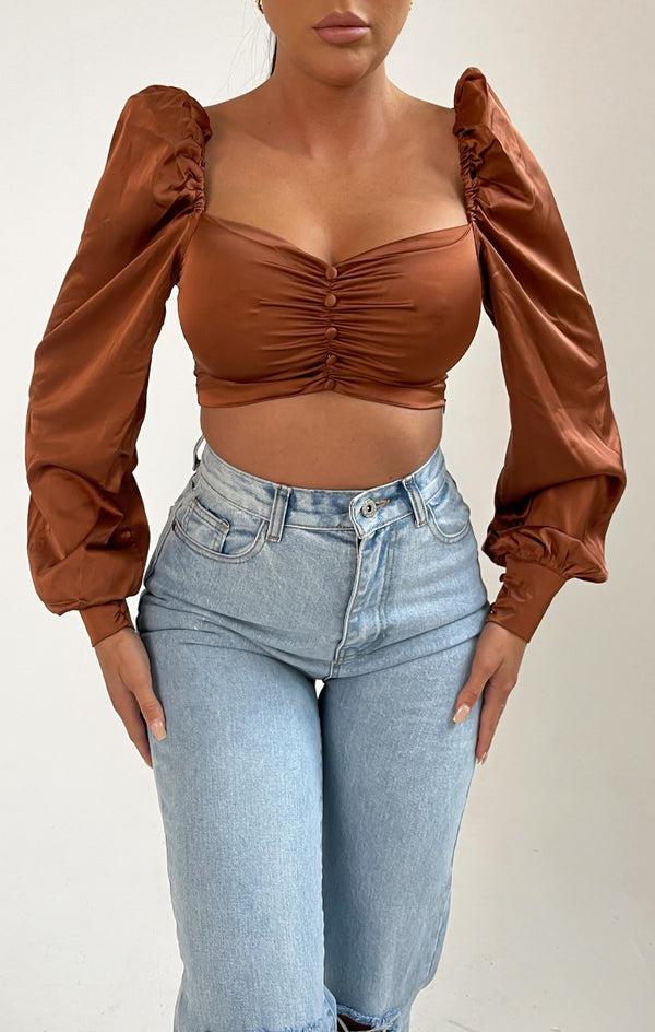Femme Luxe Brown Long Puff Sleeve Button Up Crop Top - Monica