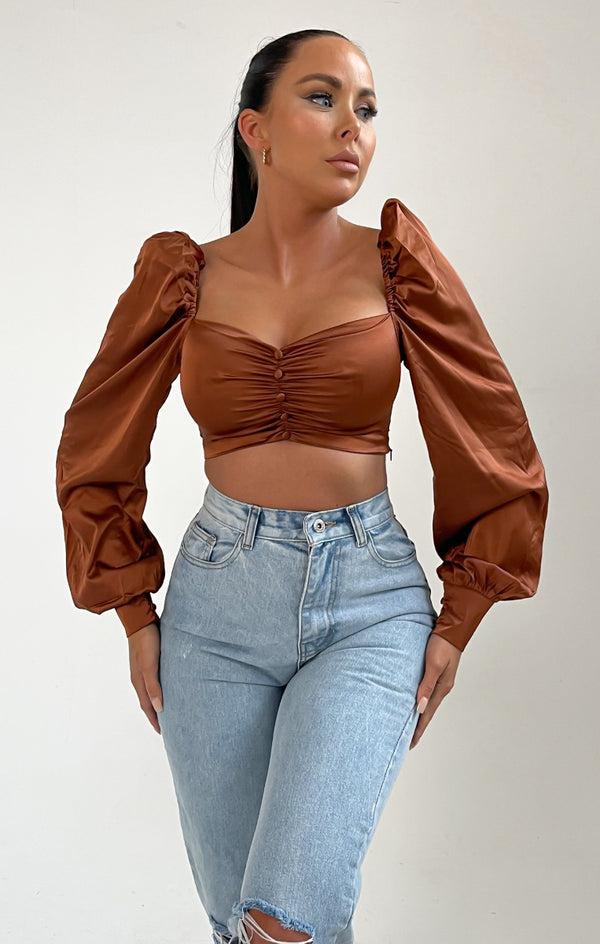 femme luxe Brown Long Puff Sleeve Button Up Crop Top - Monica