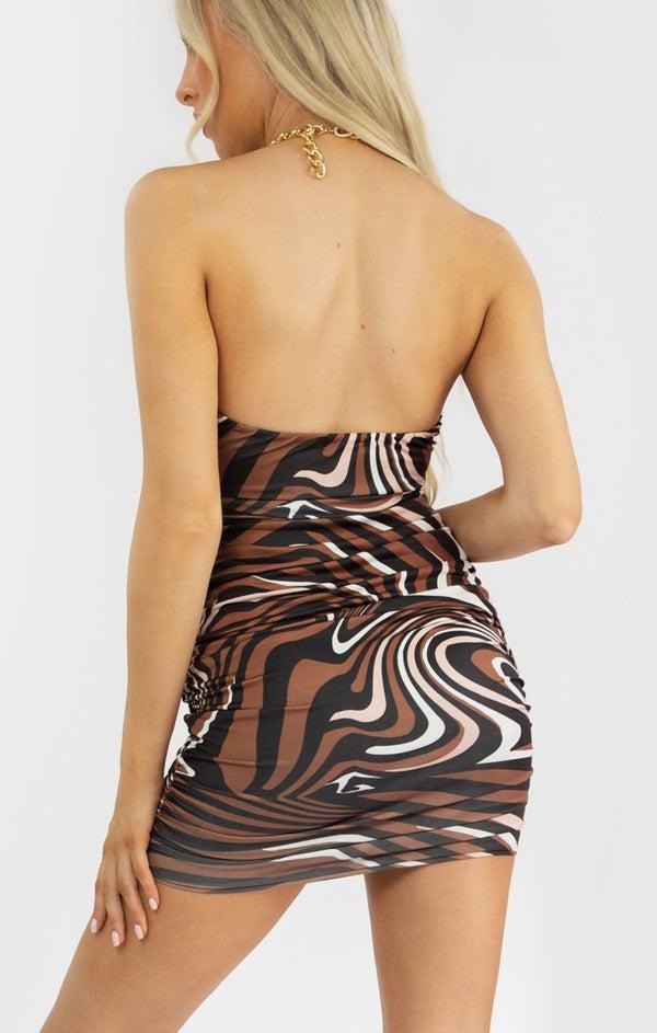Femme Luxe Brown Marble Print Chain Halter Neck Crossover Cut Out Detail Mini Dress - Cassara