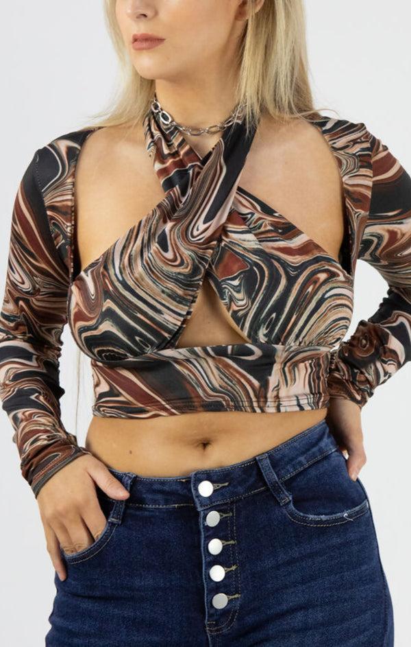 Femme Luxe Brown Marble Print Slinky Cross Wrap Halter Crop Top - Donelia