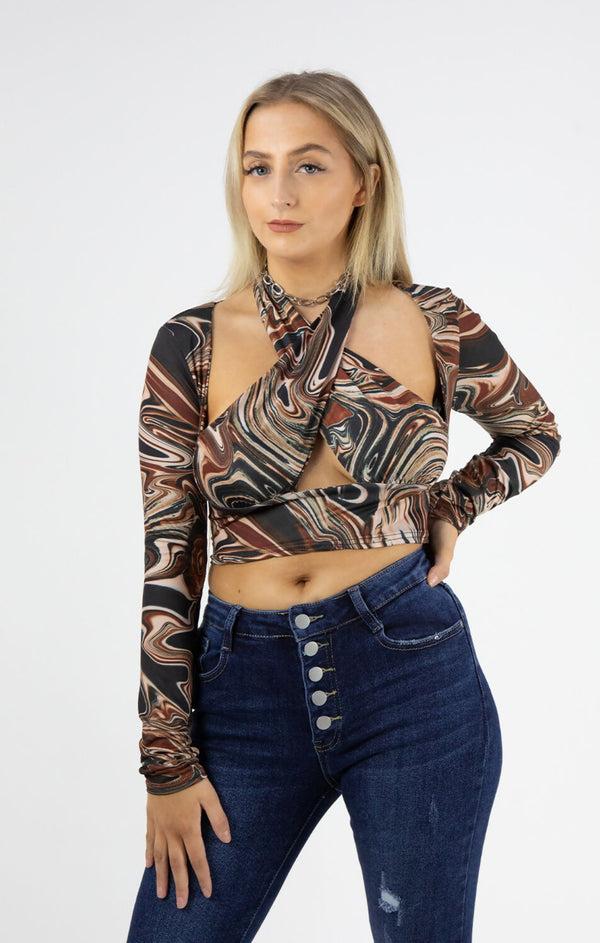 femme luxe Brown Marble Print Slinky Cross Wrap Halter Crop Top - Donelia