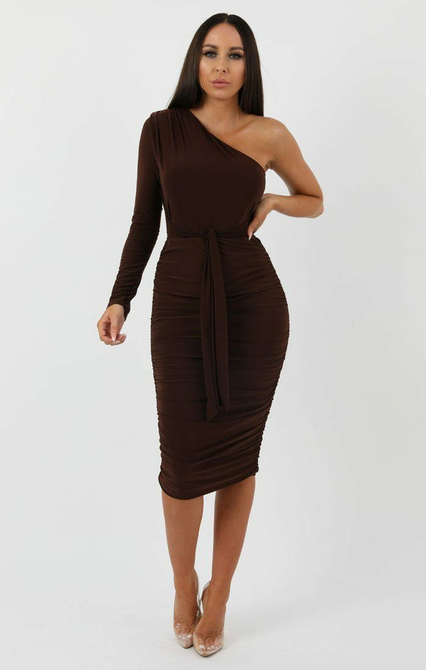 Femme Luxe Brown One Shoulder Ruched Slinky Midi Dress - Savannah