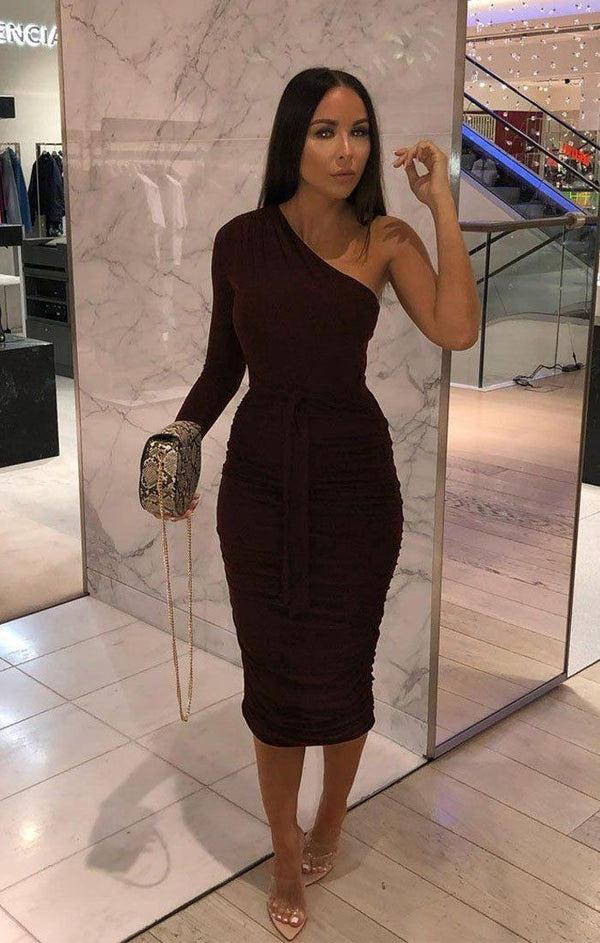 femme luxe Brown One Shoulder Ruched Slinky Midi Dress - Savannah